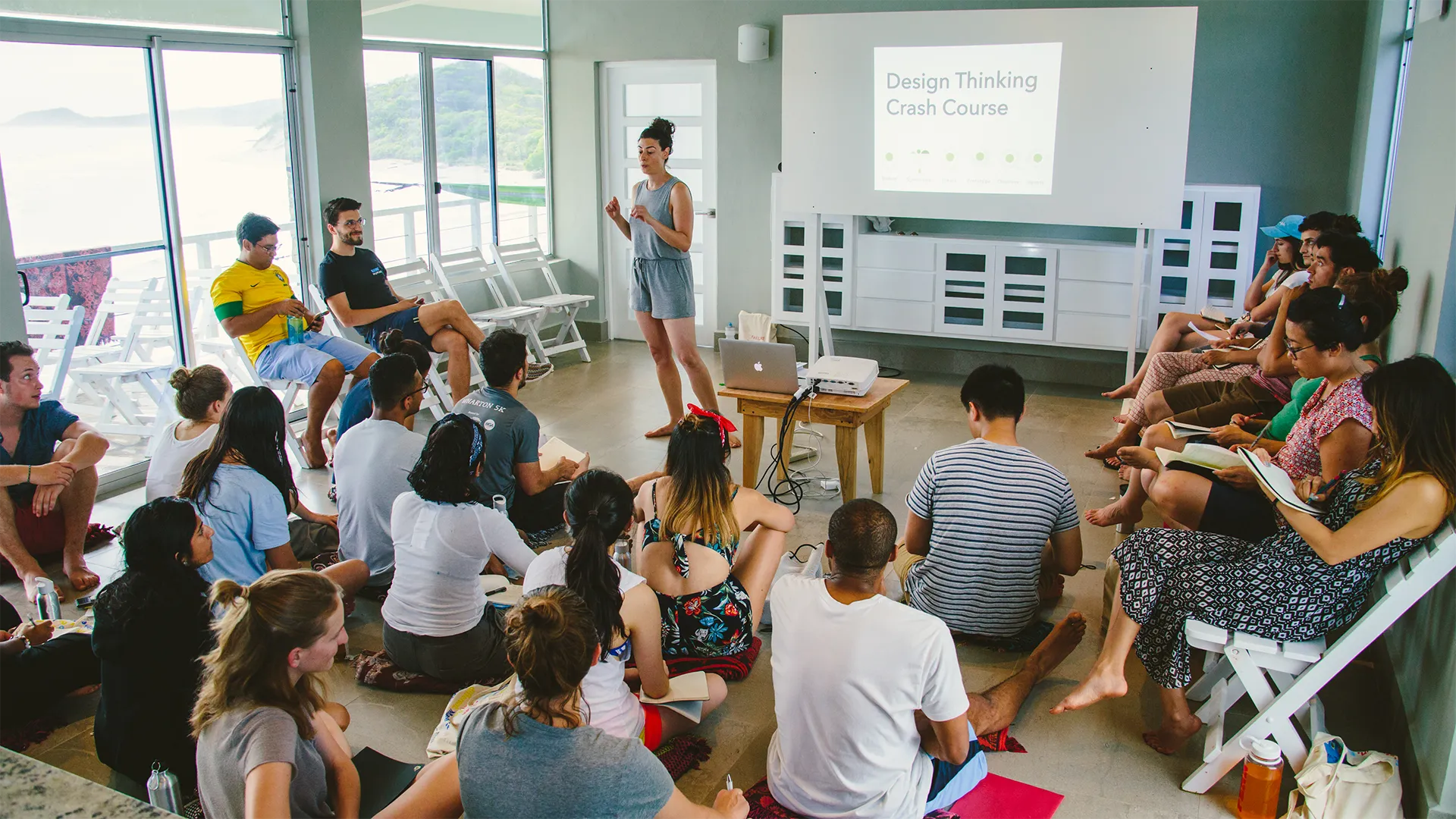 A group retreat session in progress at Esc - Digital Nomad Village in Popoyo, Nicaragua