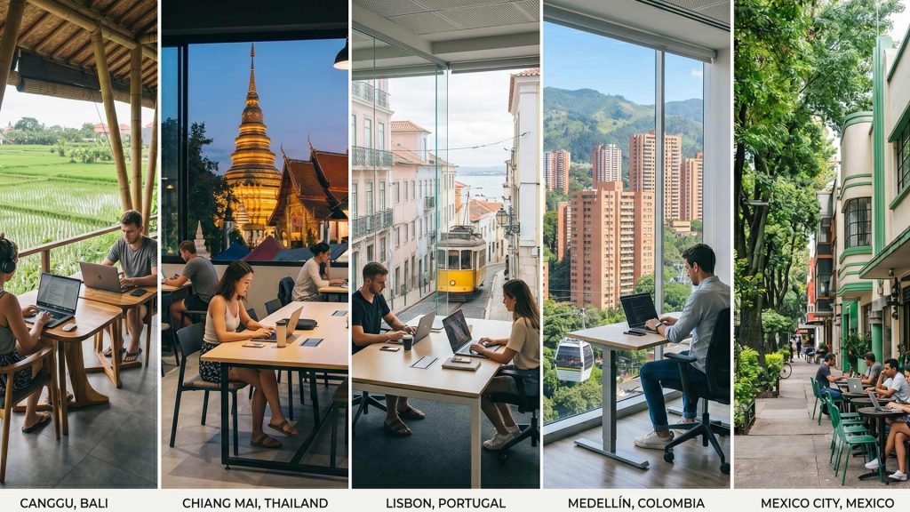 best cities for digital nomads including Canggu Bali, Chiang Mai, Lisbon, Medellín, and Mexico City 