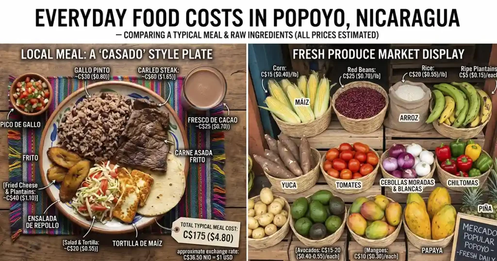 cost of living in Popoyo Nicaragua showing local food and market prices for digital nomads