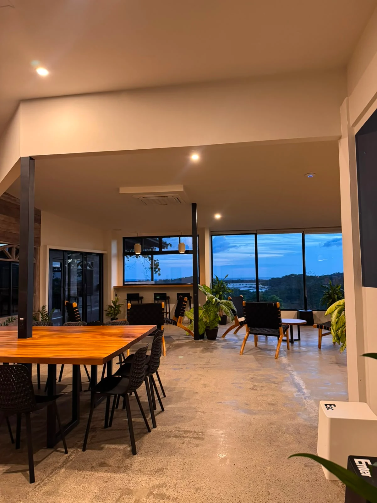 Spacious coworking space in Popoyo, Nicaragua with desks, seating and ocean views