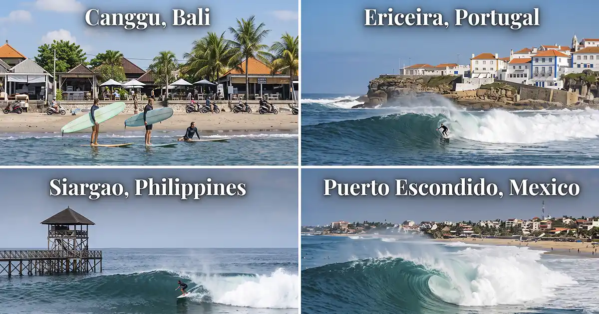 established surf destinations for digital nomads including Canggu Bali, Ericeira Portugal, Siargao Philippines, and Puerto Escondido Mexico